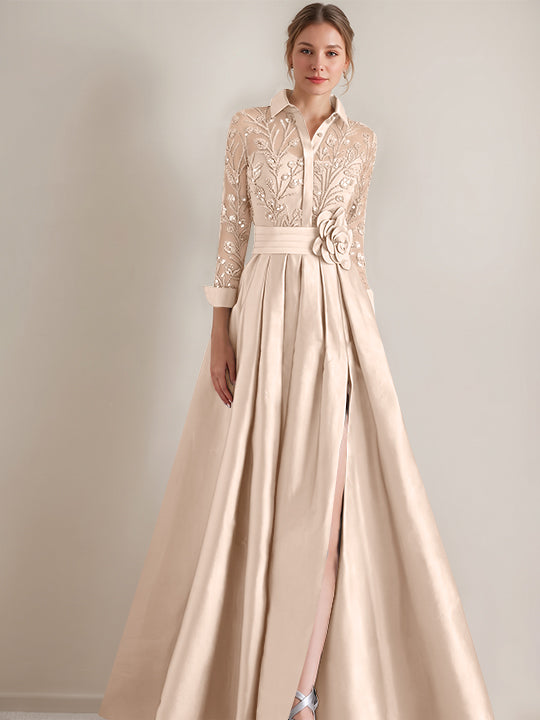 A-Line/Princess Shirt Collar Long Sleeves Floor-Length Mother of the Bride Dresses with Appliques & Flower Belt