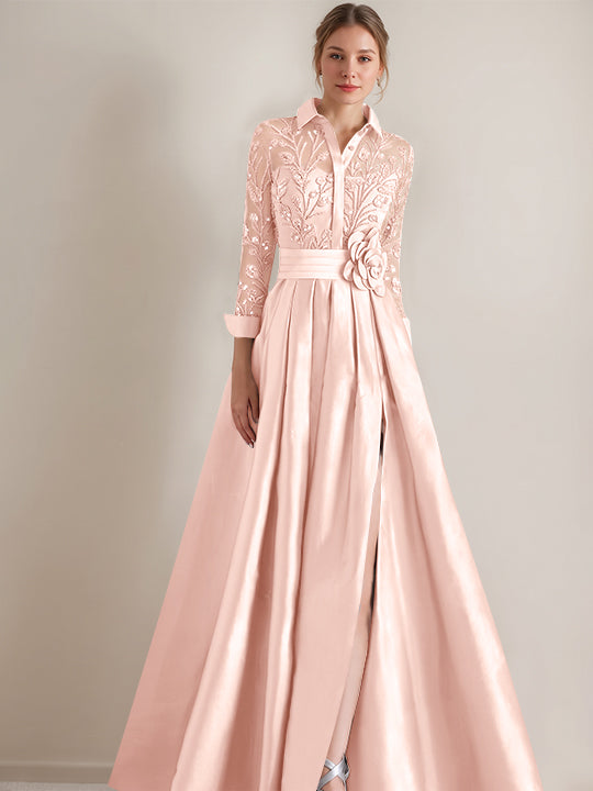A-Line/Princess Shirt Collar Long Sleeves Floor-Length Mother of the Bride Dresses with Appliques & Flower Belt