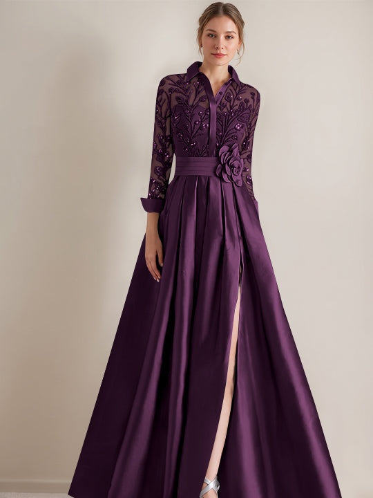 A-Line/Princess Shirt Collar Long Sleeves Floor-Length Mother of the Bride Dresses with Appliques & Flower Belt