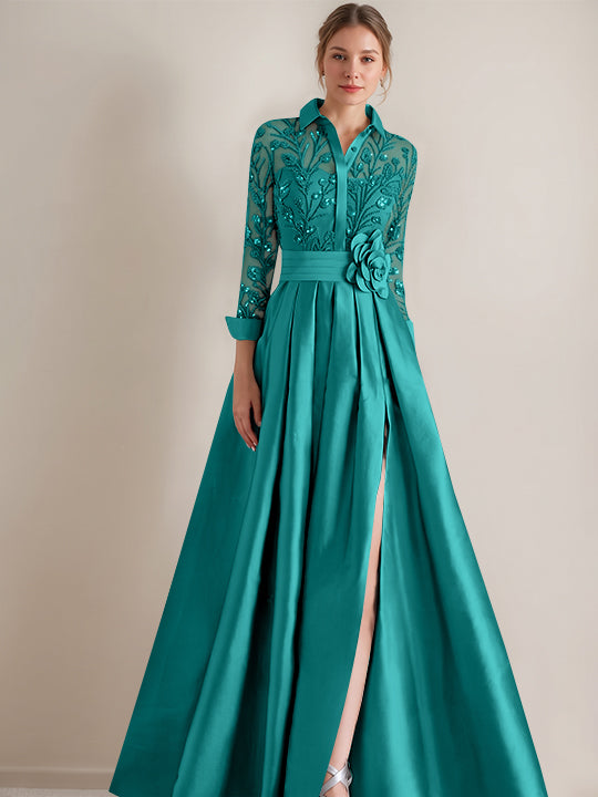 A-Line/Princess Shirt Collar Long Sleeves Floor-Length Mother of the Bride Dresses with Appliques & Flower Belt