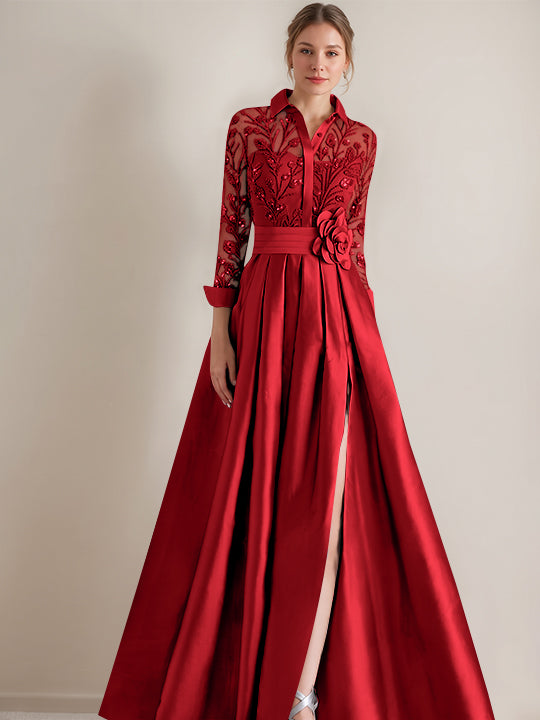 A-Line/Princess Shirt Collar Long Sleeves Floor-Length Mother of the Bride Dresses with Appliques & Flower Belt