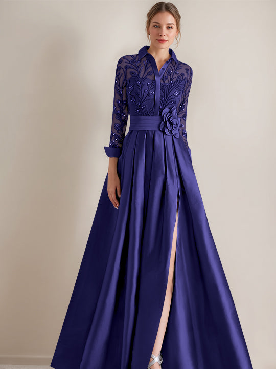 A-Line/Princess Shirt Collar Long Sleeves Floor-Length Mother of the Bride Dresses with Appliques & Flower Belt