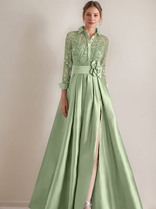 A-Line/Princess Shirt Collar Long Sleeves Floor-Length Mother of the Bride Dresses with Appliques & Flower Belt