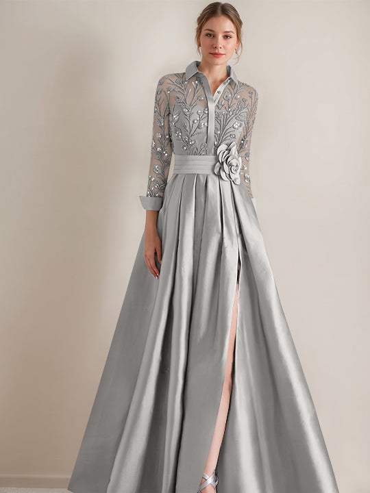 A-Line/Princess Shirt Collar Long Sleeves Floor-Length Mother of the Bride Dresses with Appliques & Flower Belt