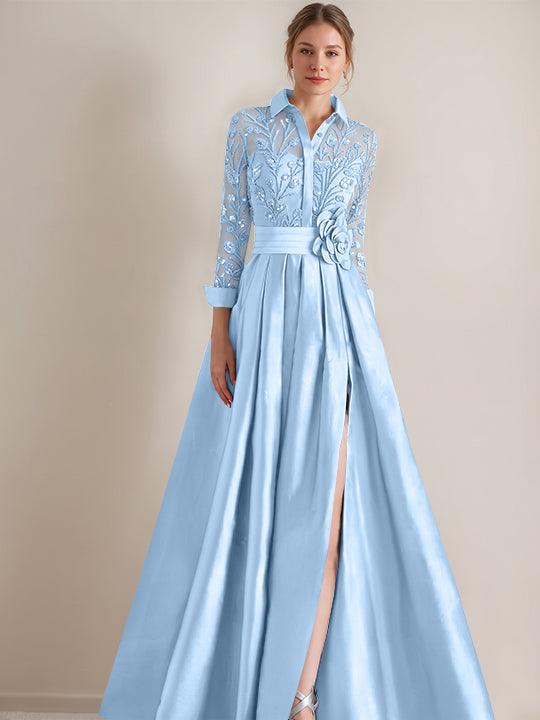 A-Line/Princess Shirt Collar Long Sleeves Floor-Length Mother of the Bride Dresses with Appliques & Flower Belt