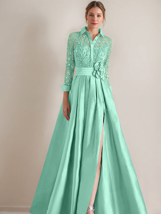A-Line/Princess Shirt Collar Long Sleeves Floor-Length Mother of the Bride Dresses with Appliques & Flower Belt