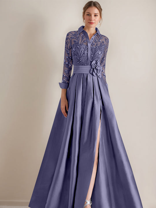 A-Line/Princess Shirt Collar Long Sleeves Floor-Length Mother of the Bride Dresses with Appliques & Flower Belt