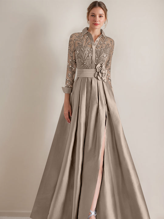 A-Line/Princess Shirt Collar Long Sleeves Floor-Length Mother of the Bride Dresses with Appliques & Flower Belt