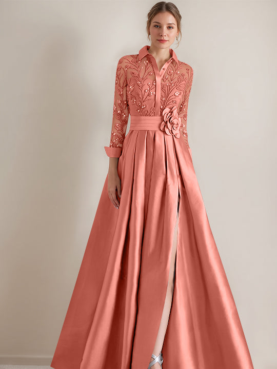 A-Line/Princess Shirt Collar Long Sleeves Floor-Length Mother of the Bride Dresses with Appliques & Flower Belt