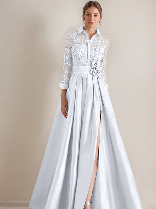 A-Line/Princess Shirt Collar Long Sleeves Floor-Length Mother of the Bride Dresses with Appliques & Flower Belt