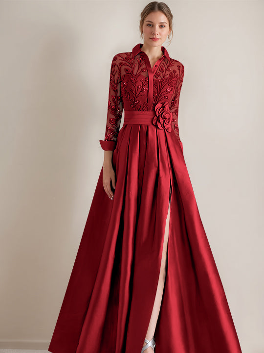 A-Line/Princess Shirt Collar Long Sleeves Floor-Length Mother of the Bride Dresses with Appliques & Flower Belt