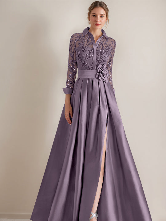 A-Line/Princess Shirt Collar Long Sleeves Floor-Length Mother of the Bride Dresses with Appliques & Flower Belt