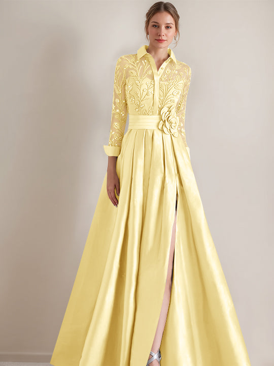 A-Line/Princess Shirt Collar Long Sleeves Floor-Length Mother of the Bride Dresses with Appliques & Flower Belt