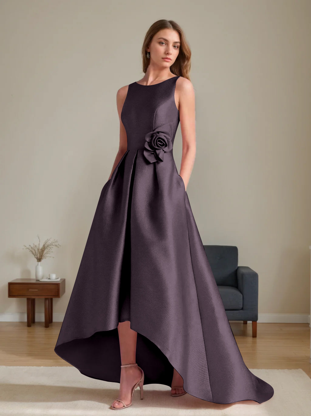 A-Line/Princess Scoop Sleeveless Asymmetrical Mother of the Bride & Groom Dresses with Flowers