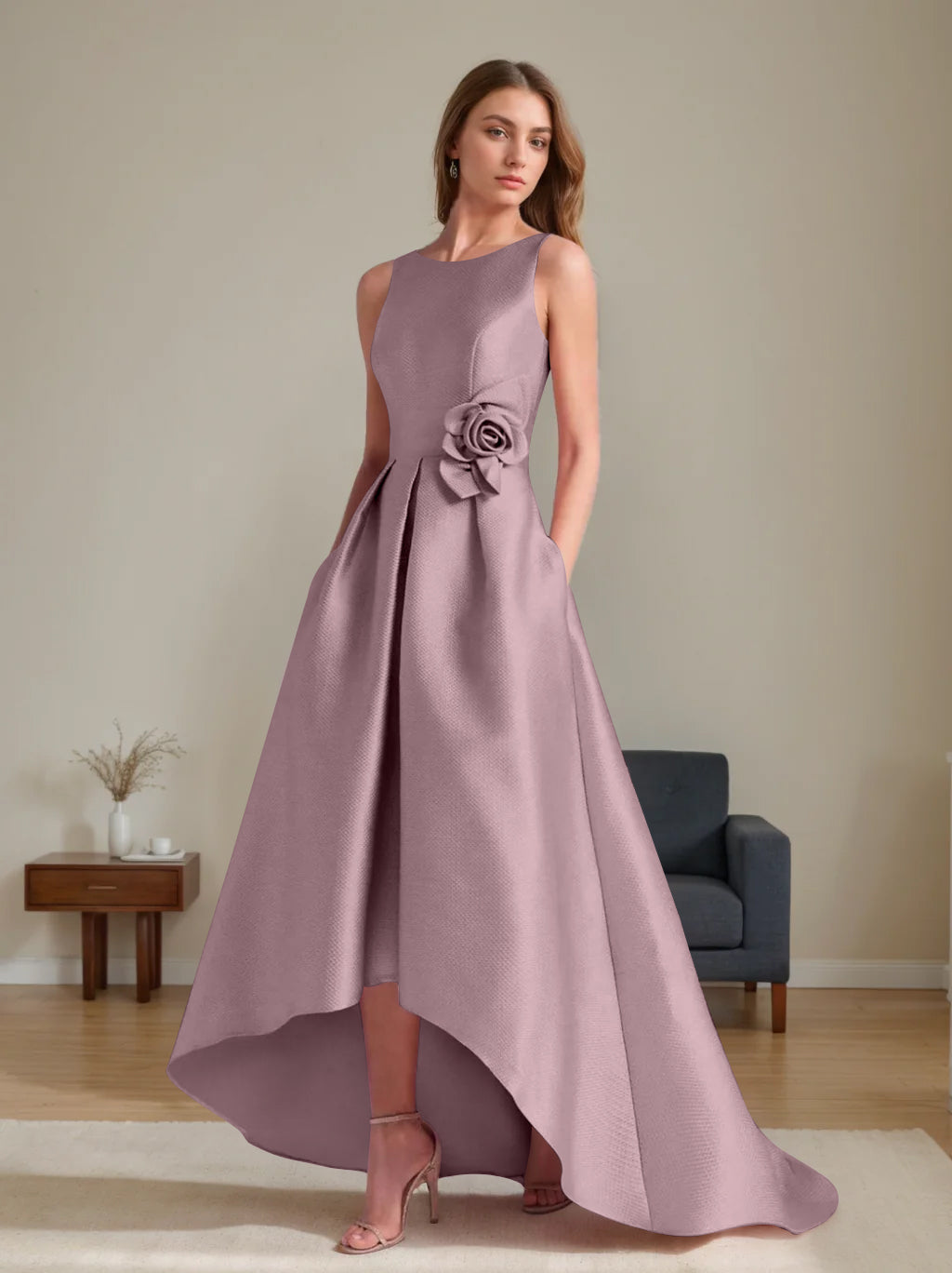 A-Line/Princess Scoop Sleeveless Asymmetrical Mother of the Bride & Groom Dresses with Flowers