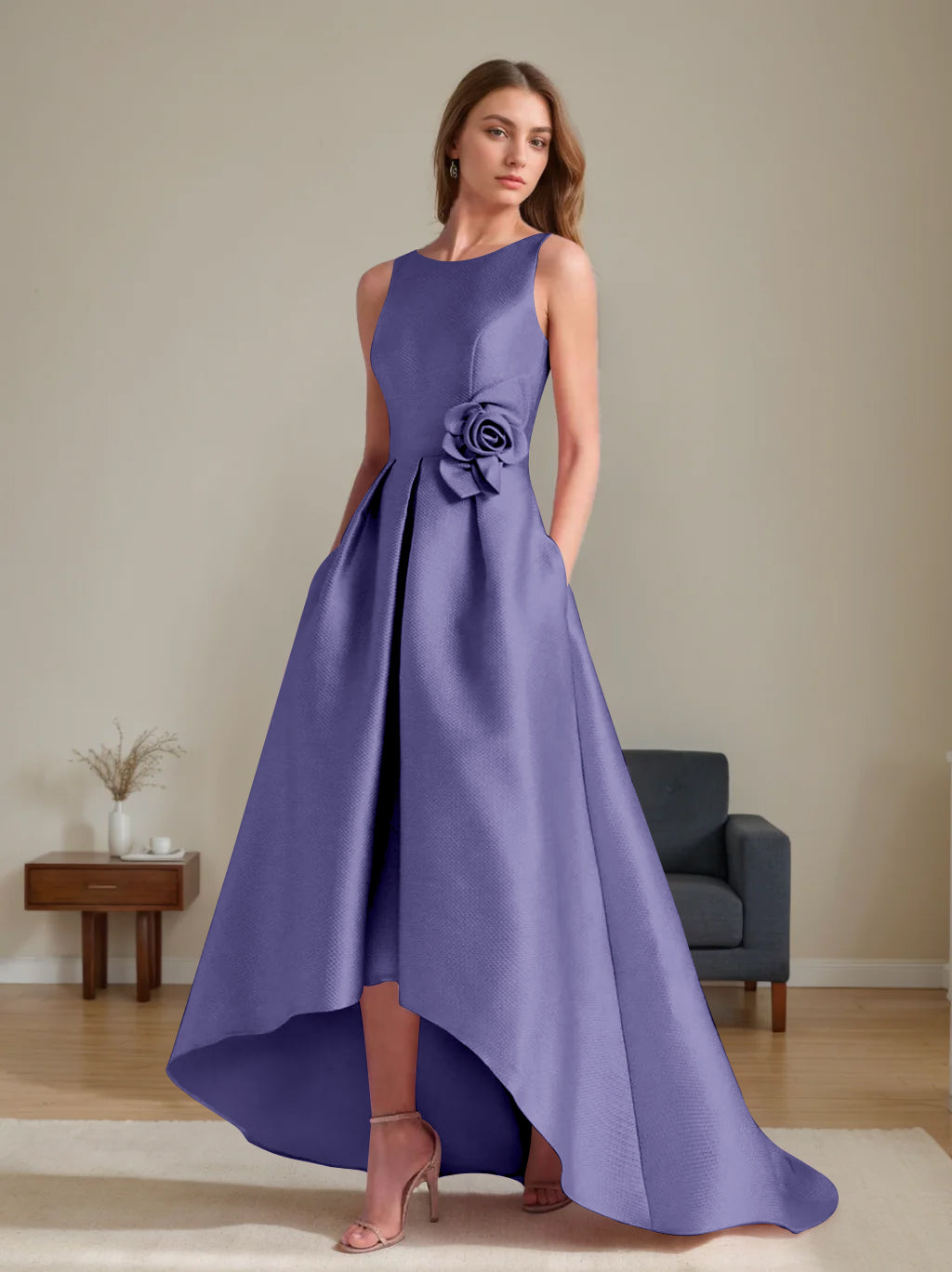 A-Line/Princess Scoop Sleeveless Asymmetrical Mother of the Bride & Groom Dresses with Flowers