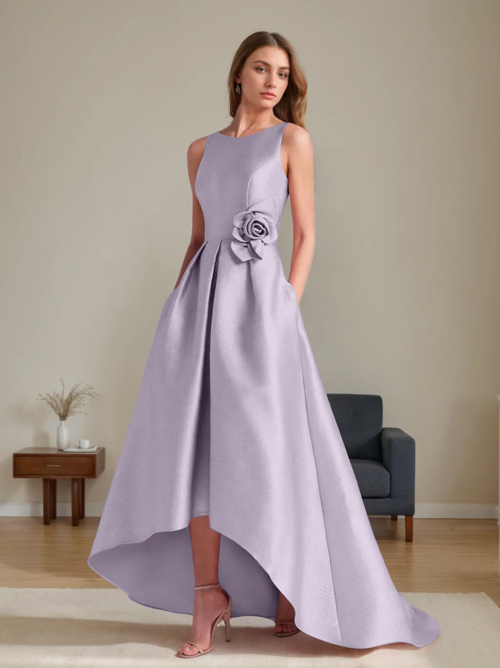 A-Line/Princess Scoop Sleeveless Asymmetrical Mother of the Bride & Groom Dresses with Flowers