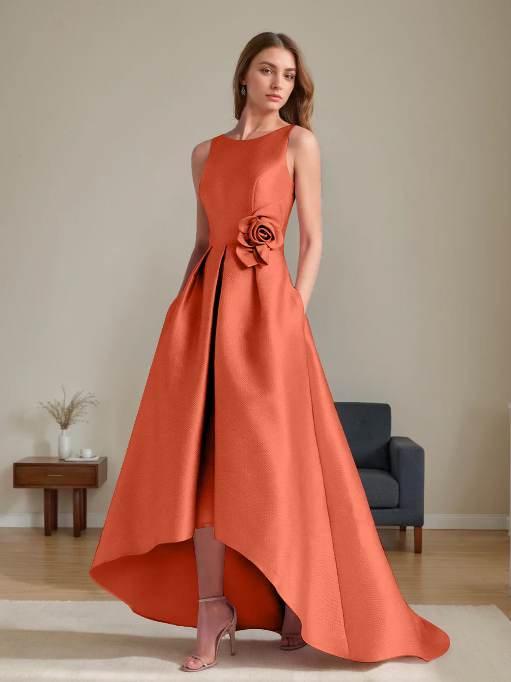 A-Line/Princess Scoop Sleeveless Asymmetrical Mother of the Bride & Groom Dresses with Flowers