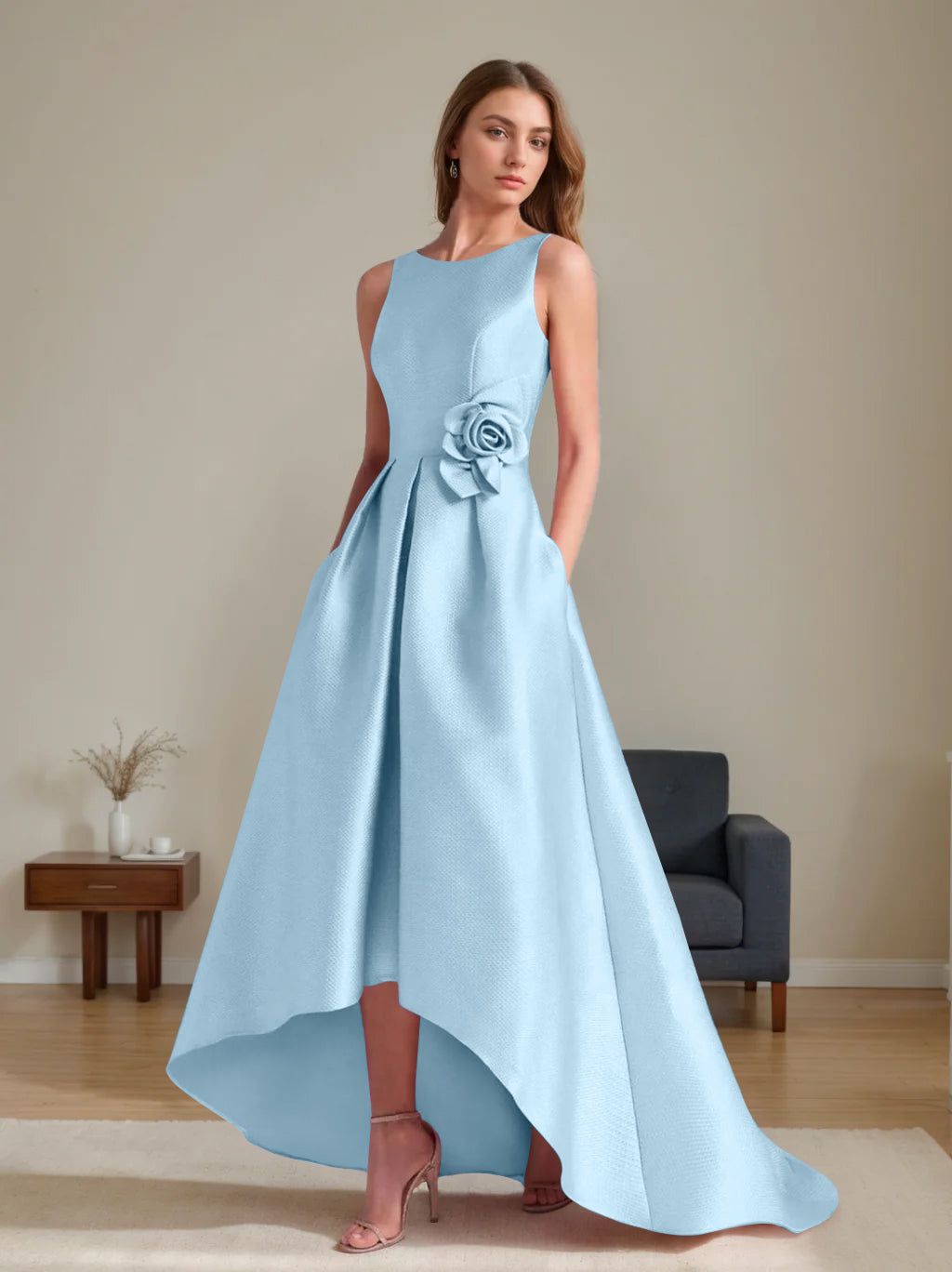 A-Line/Princess Scoop Sleeveless Asymmetrical Mother of the Bride & Groom Dresses with Flowers