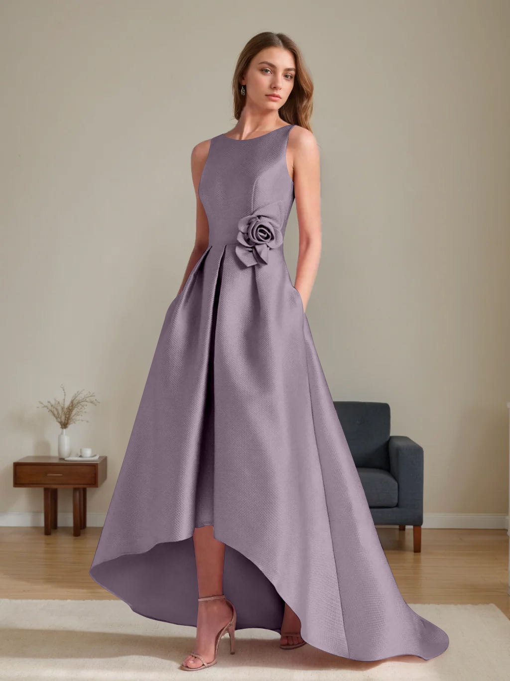 A-Line/Princess Scoop Sleeveless Asymmetrical Mother of the Bride & Groom Dresses with Flowers
