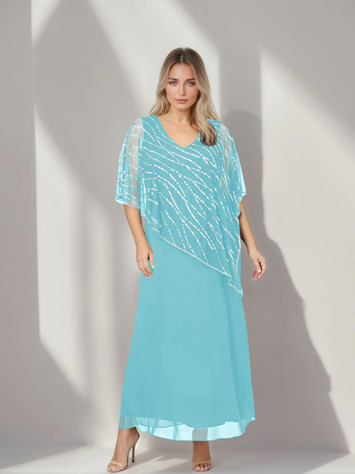 A-Line/Princess V-Neck Half Sleeves Ankle-Length Plus Size Mother of the Bride Dresses with Asymmetrical Cape Popover