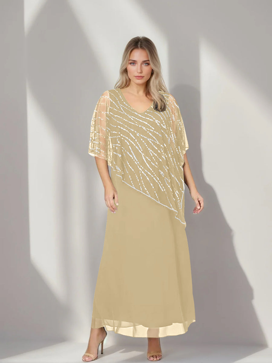 A-Line/Princess V-Neck Half Sleeves Ankle-Length Plus Size Mother of the Bride Dresses with Asymmetrical Cape Popover