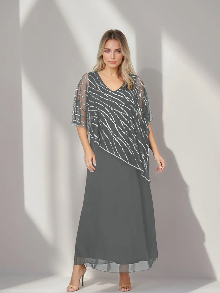 A-Line/Princess V-Neck Half Sleeves Ankle-Length Plus Size Mother of the Bride Dresses with Asymmetrical Cape Popover