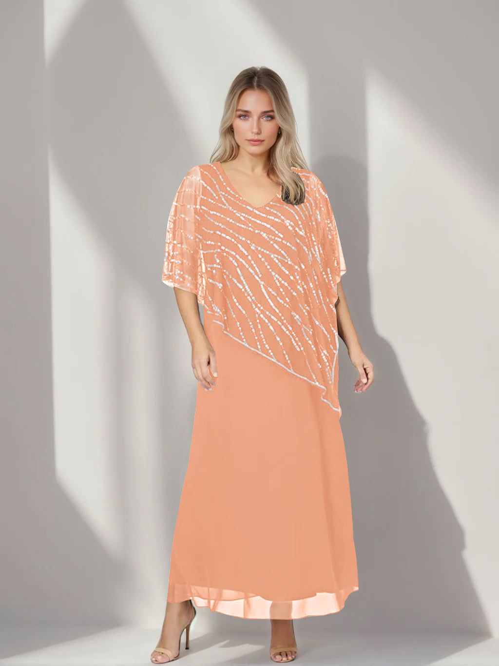 A-Line/Princess V-Neck Half Sleeves Ankle-Length Plus Size Mother of the Bride Dresses with Asymmetrical Cape Popover