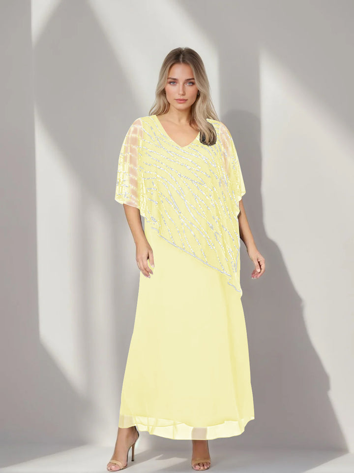 A-Line/Princess V-Neck Half Sleeves Ankle-Length Plus Size Mother of the Bride Dresses with Asymmetrical Cape Popover
