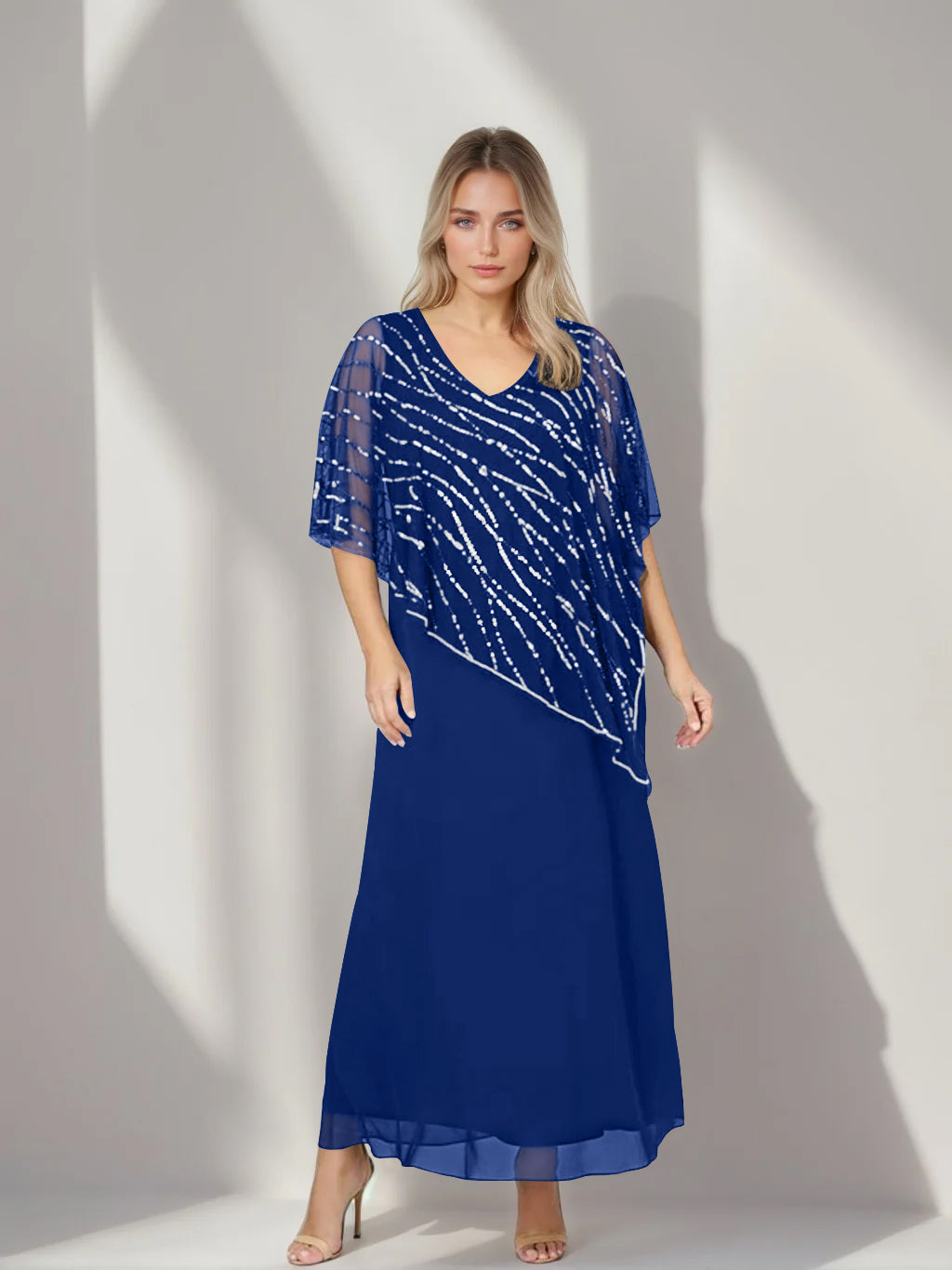 A-Line/Princess V-Neck Half Sleeves Ankle-Length Plus Size Mother of the Bride Dresses with Asymmetrical Cape Popover