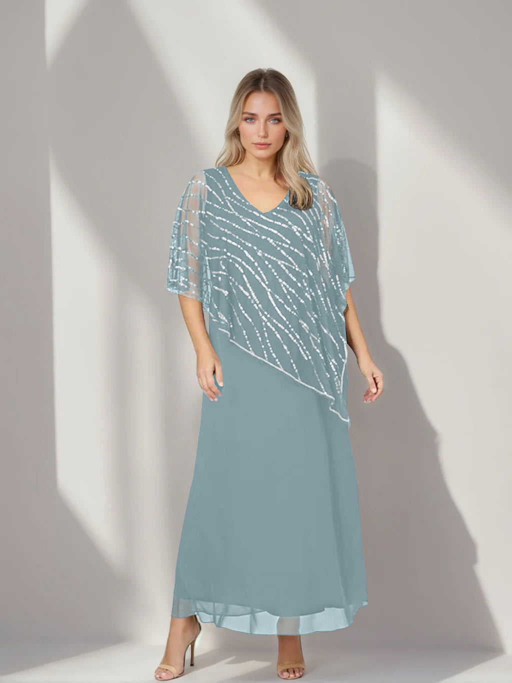 A-Line/Princess V-Neck Half Sleeves Ankle-Length Plus Size Mother of the Bride Dresses with Asymmetrical Cape Popover
