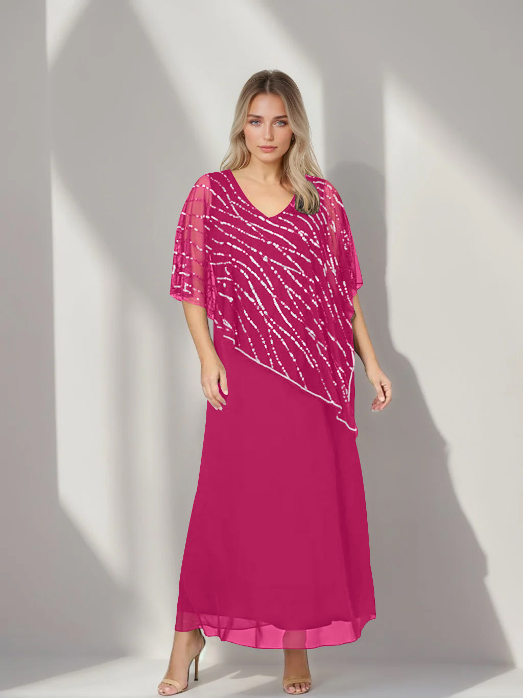 A-Line/Princess V-Neck Half Sleeves Ankle-Length Plus Size Mother of the Bride Dresses with Asymmetrical Cape Popover