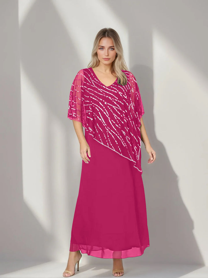 A-Line/Princess V-Neck Half Sleeves Ankle-Length Plus Size Mother of the Bride Dresses with Asymmetrical Cape Popover