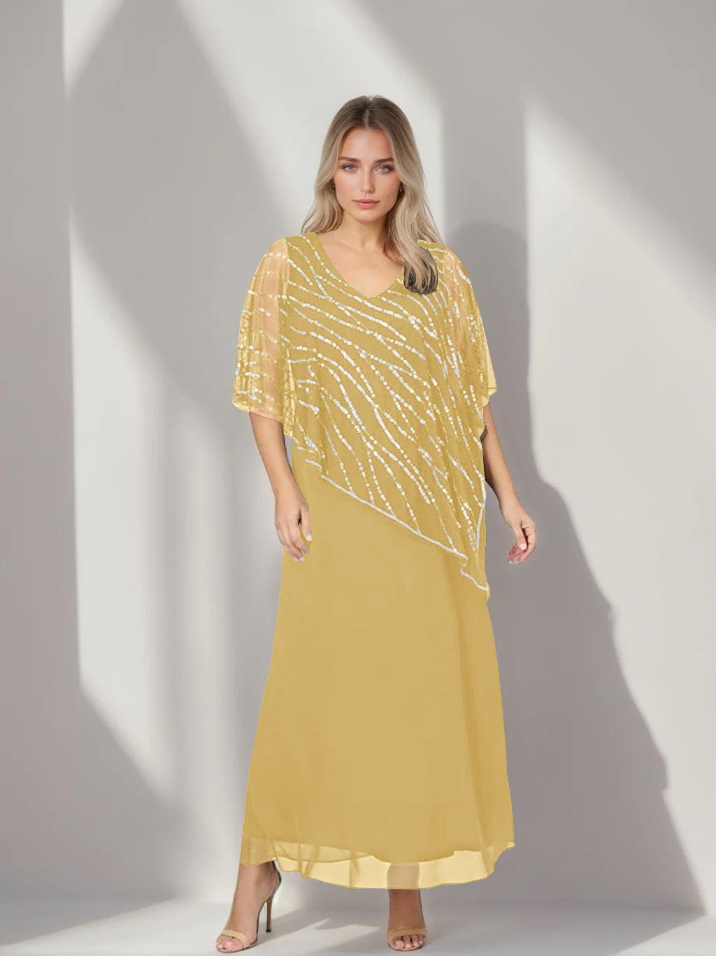 A-Line/Princess V-Neck Half Sleeves Ankle-Length Plus Size Mother of the Bride Dresses with Asymmetrical Cape Popover
