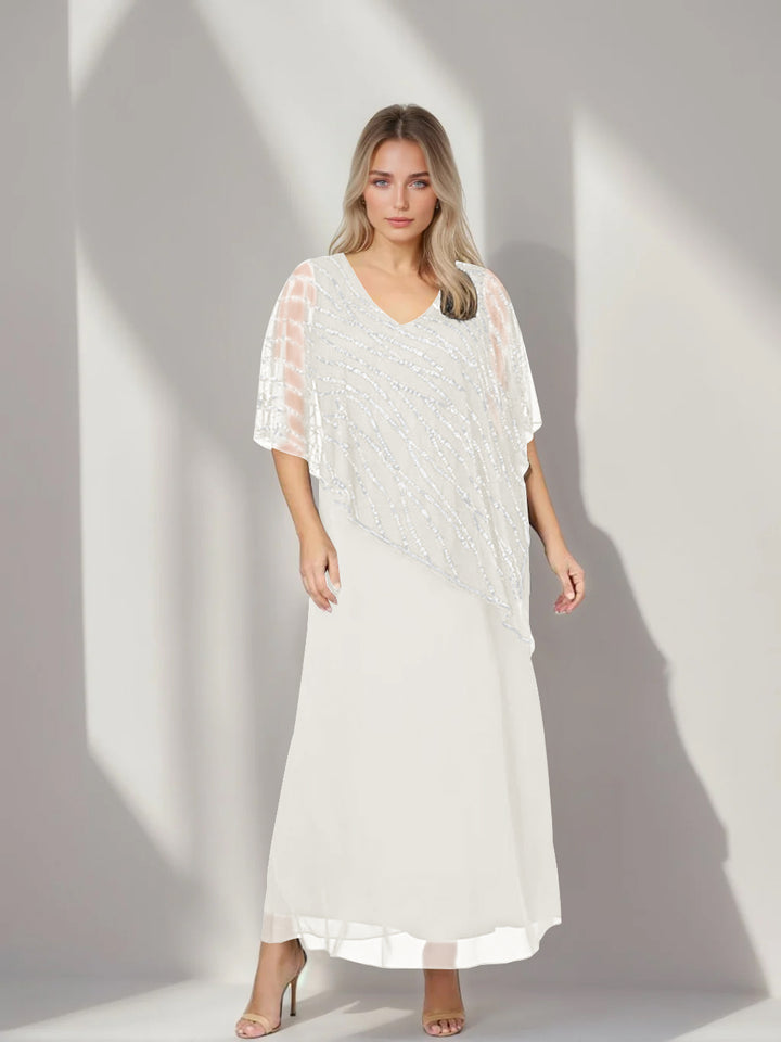 A-Line/Princess V-Neck Half Sleeves Ankle-Length Plus Size Mother of the Bride Dresses with Asymmetrical Cape Popover