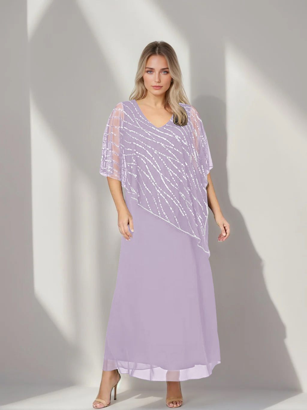 A-Line/Princess V-Neck Half Sleeves Ankle-Length Plus Size Mother of the Bride Dresses with Asymmetrical Cape Popover