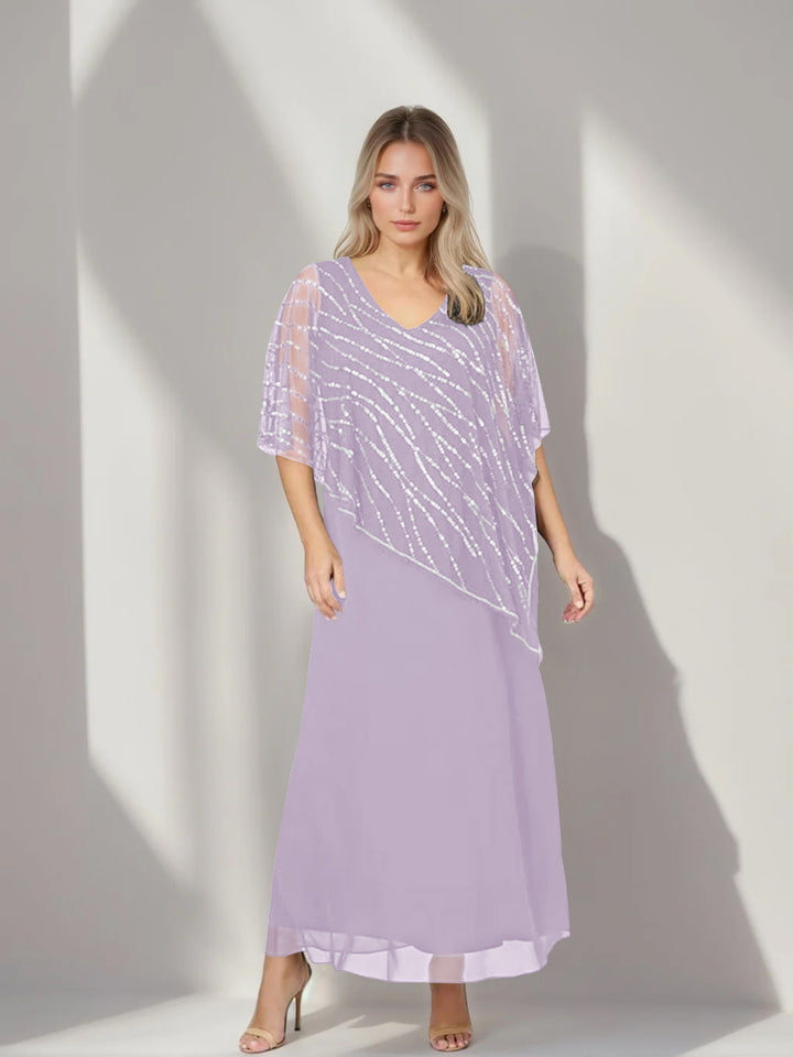 A-Line/Princess V-Neck Half Sleeves Ankle-Length Plus Size Mother of the Bride Dresses with Asymmetrical Cape Popover