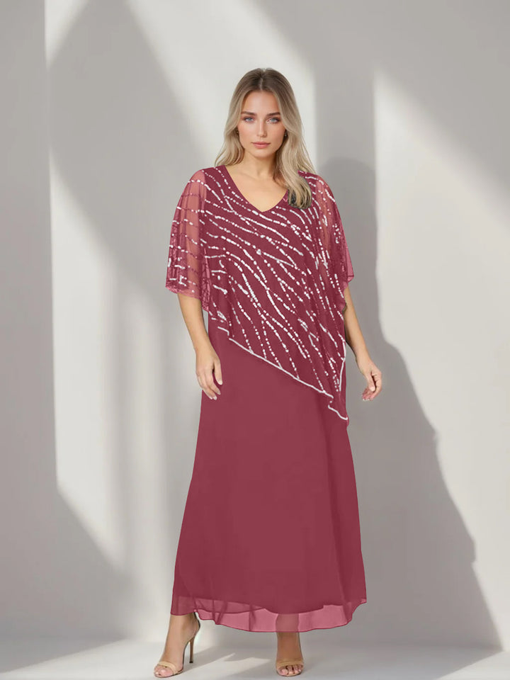 A-Line/Princess V-Neck Half Sleeves Ankle-Length Plus Size Mother of the Bride Dresses with Asymmetrical Cape Popover