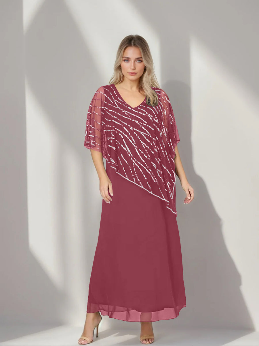 A-Line/Princess V-Neck Half Sleeves Ankle-Length Plus Size Mother of the Bride Dresses with Asymmetrical Cape Popover