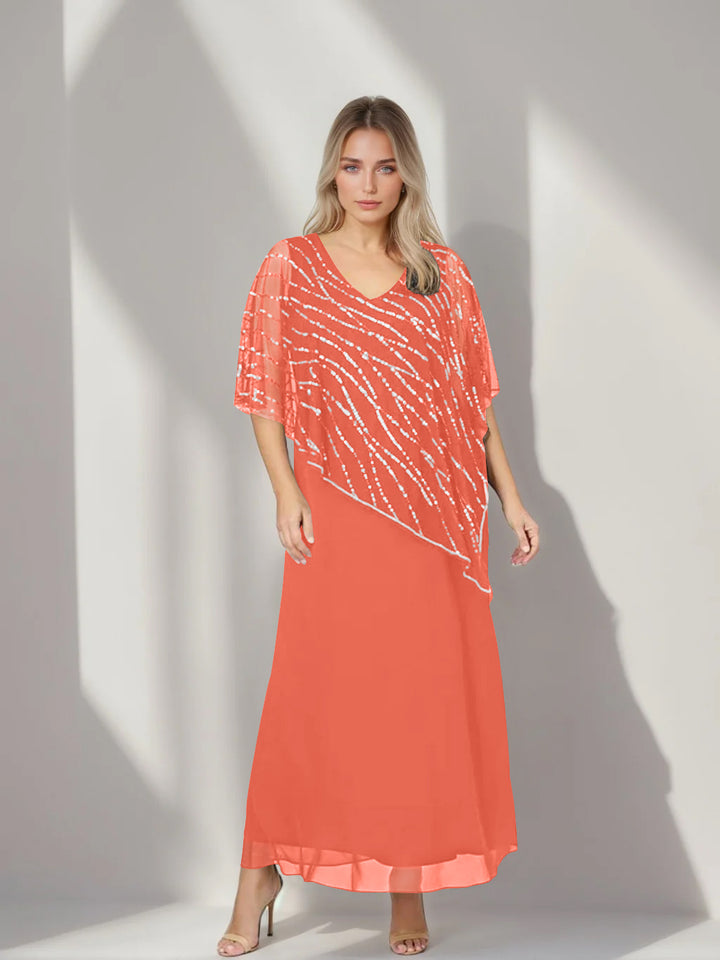 A-Line/Princess V-Neck Half Sleeves Ankle-Length Plus Size Mother of the Bride Dresses with Asymmetrical Cape Popover