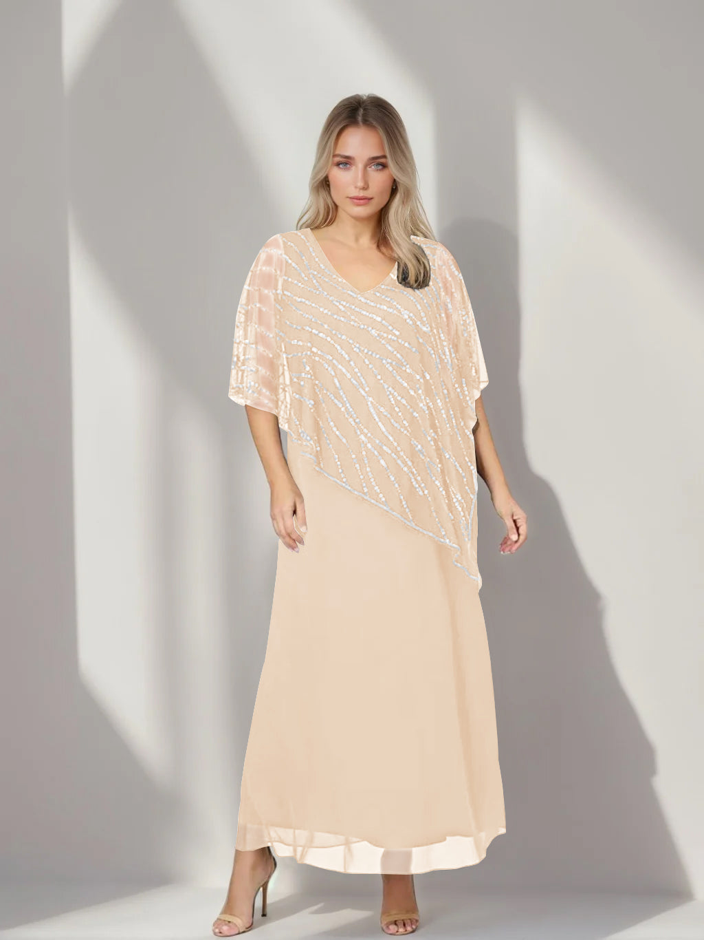 A-Line/Princess V-Neck Half Sleeves Ankle-Length Plus Size Mother of the Bride Dresses with Asymmetrical Cape Popover