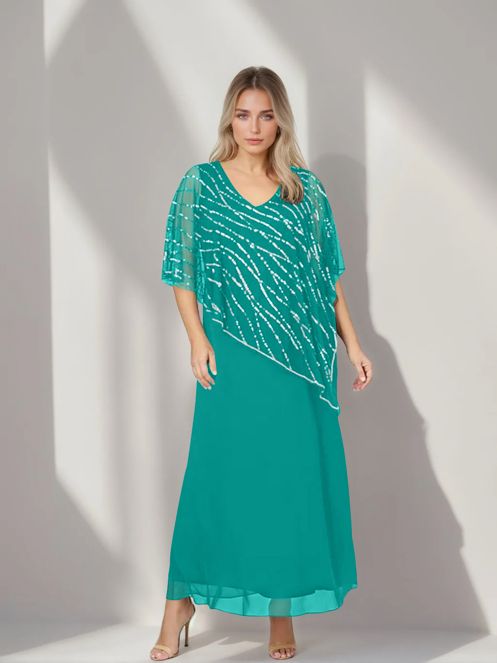 A-Line/Princess V-Neck Half Sleeves Ankle-Length Plus Size Mother of the Bride Dresses with Asymmetrical Cape Popover