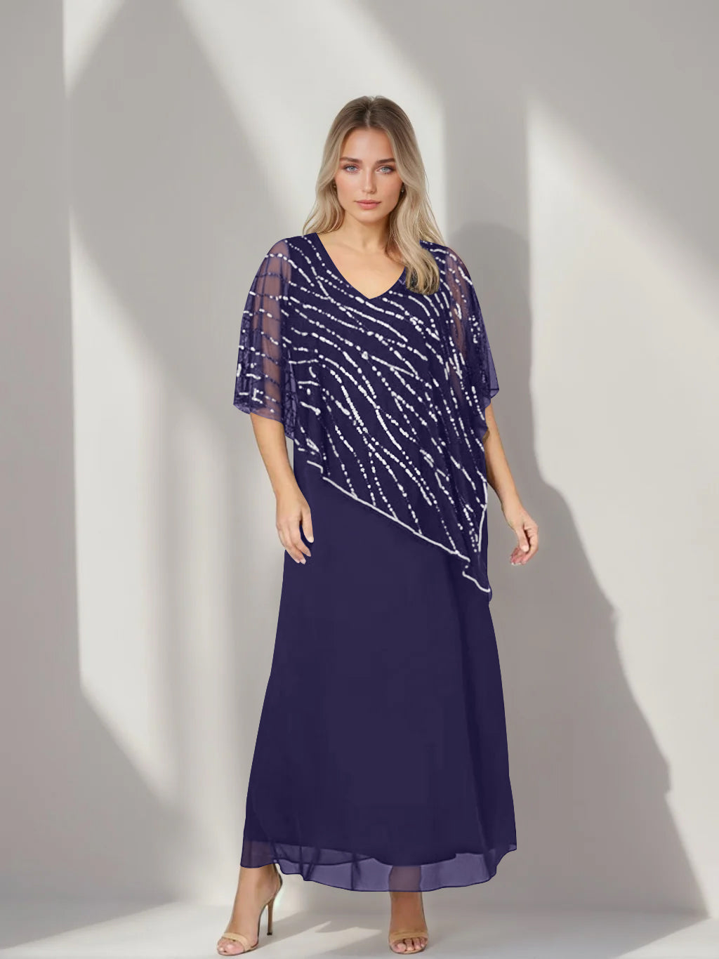 A-Line/Princess V-Neck Half Sleeves Ankle-Length Plus Size Mother of the Bride Dresses with Asymmetrical Cape Popover