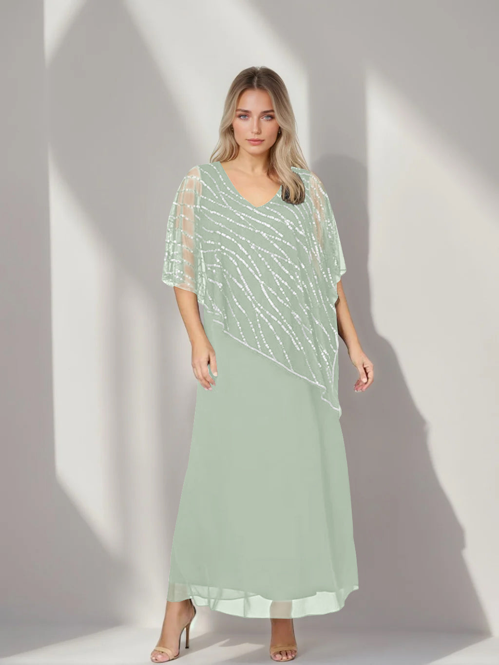 A-Line/Princess V-Neck Half Sleeves Ankle-Length Plus Size Mother of the Bride Dresses with Asymmetrical Cape Popover