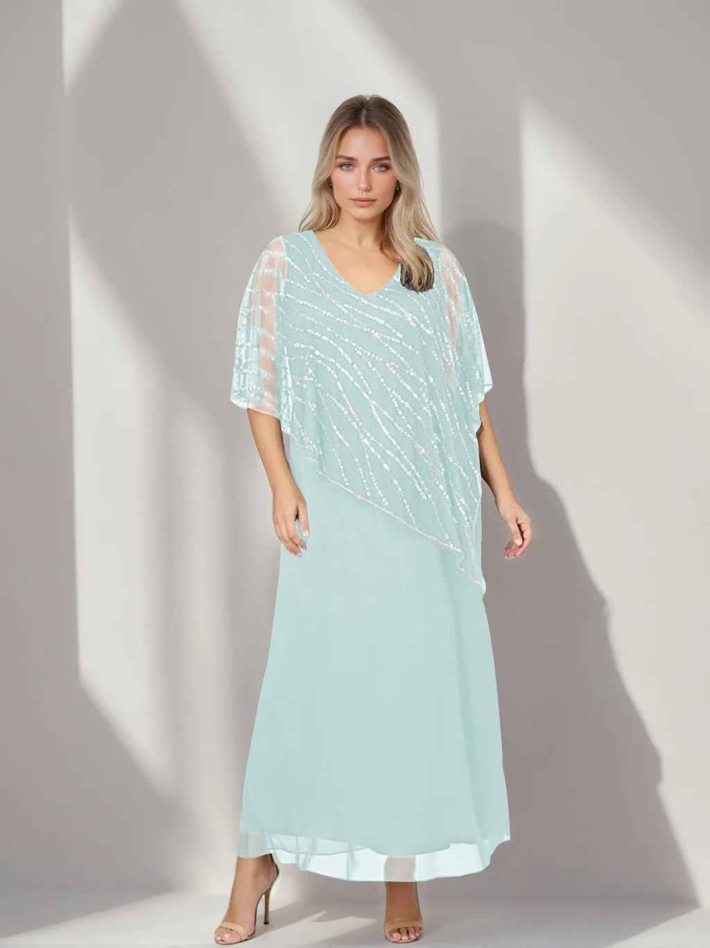 A-Line/Princess V-Neck Half Sleeves Ankle-Length Plus Size Mother of the Bride Dresses with Asymmetrical Cape Popover