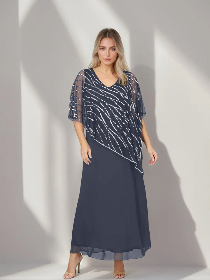 A-Line/Princess V-Neck Half Sleeves Ankle-Length Plus Size Mother of the Bride Dresses with Asymmetrical Cape Popover