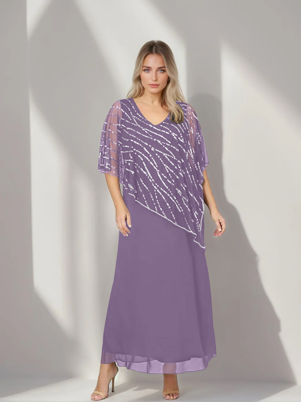 A-Line/Princess V-Neck Half Sleeves Ankle-Length Plus Size Mother of the Bride Dresses with Asymmetrical Cape Popover