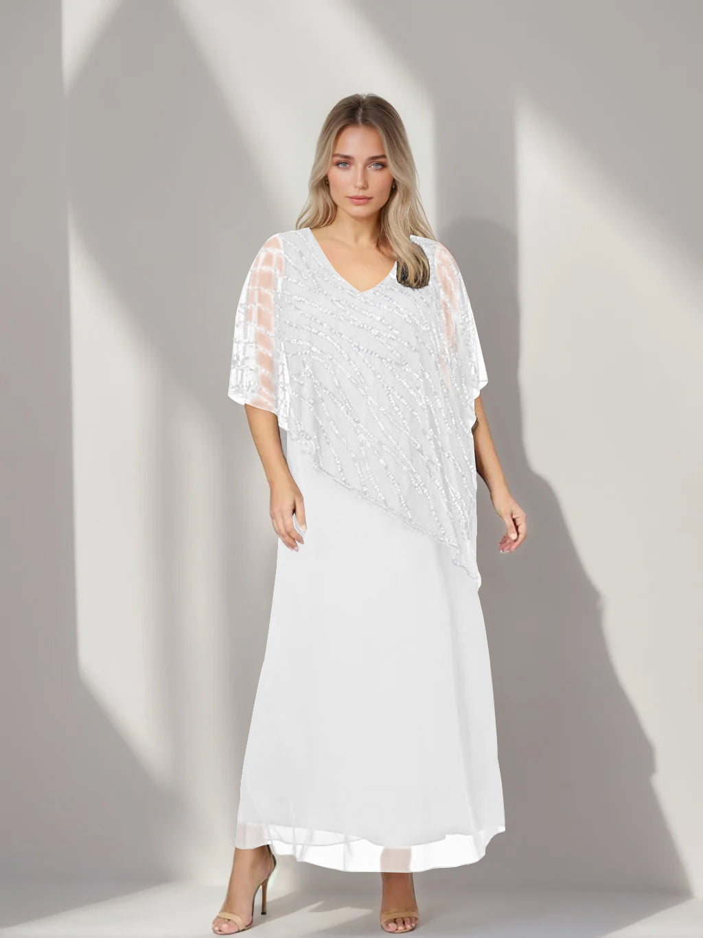 A-Line/Princess V-Neck Half Sleeves Ankle-Length Plus Size Mother of the Bride Dresses with Asymmetrical Cape Popover