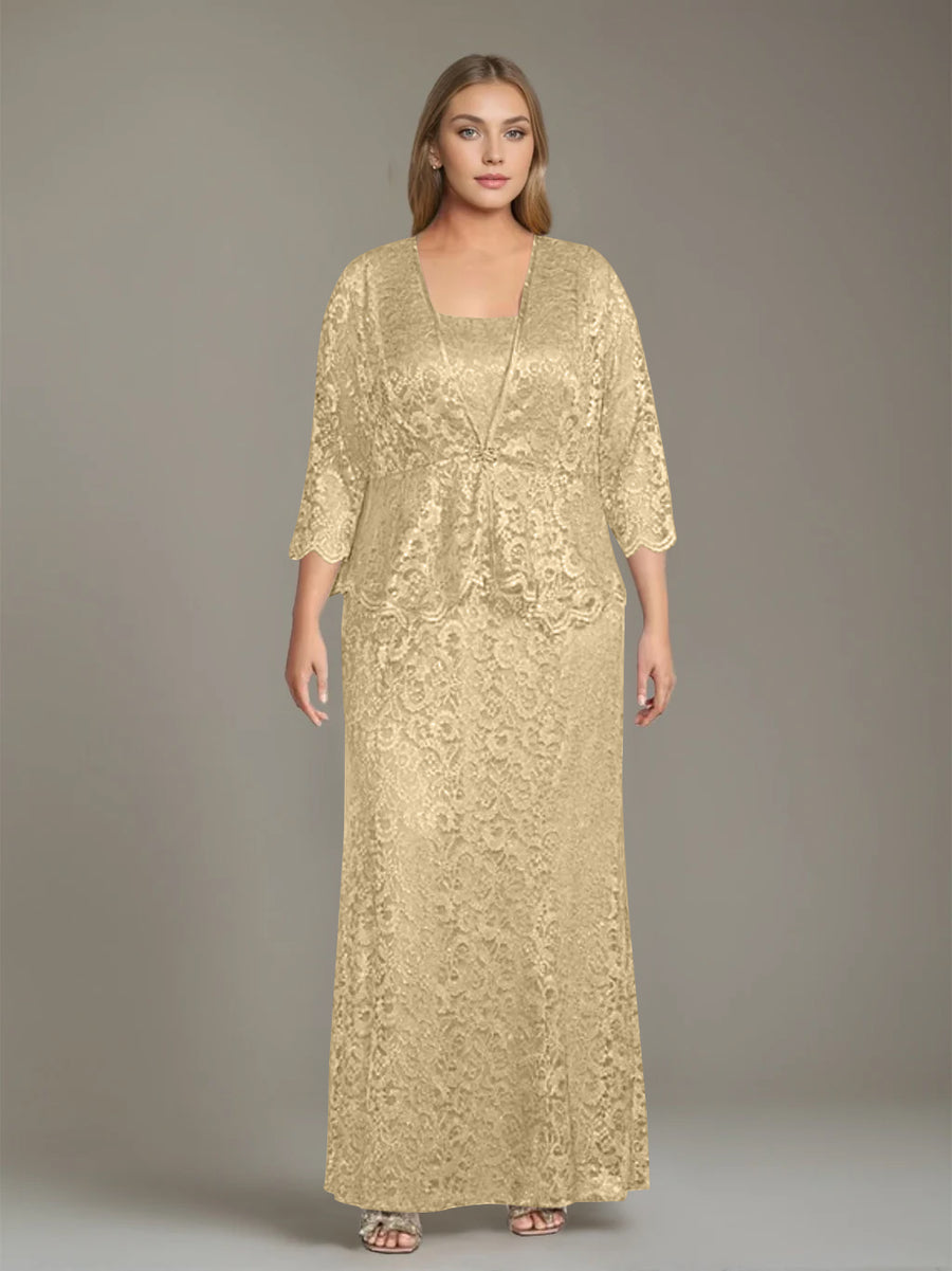 Sheath/Column Square Neck 3/4 Length Sleeves Floor-Length 2 Pieces Plus Size Mother of the Bride Dresses with Jacket