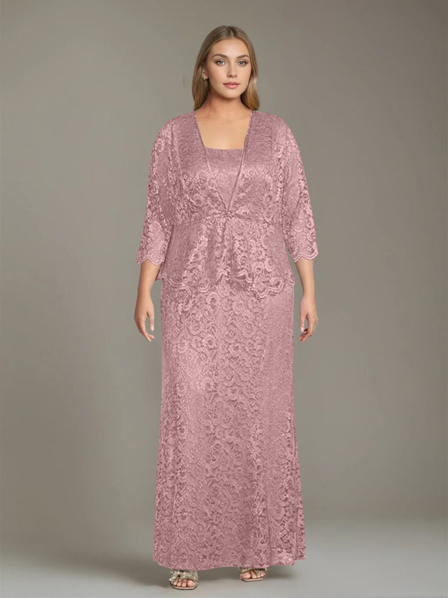 Sheath/Column Square Neck 3/4 Length Sleeves Floor-Length 2 Pieces Plus Size Mother of the Bride Dresses with Jacket